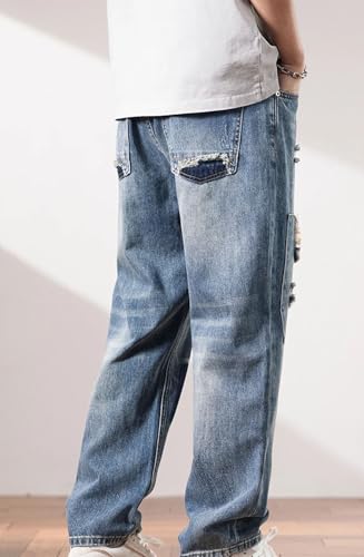 Men’S Urban Loose Fit Patchwork Tear Denim Cargo Pants Button Fly Distressed Wear Resistant Full Length Jeans4