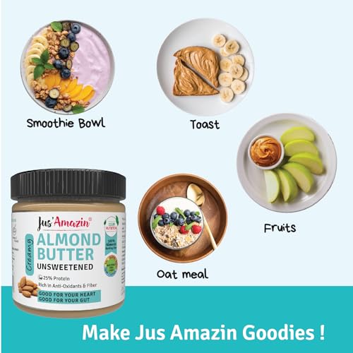 Image of Jus' Amazin Creamy Almond Butter - Unsweetened (200 g) | 25% Protein | Only Pure Whole Almonds | Zero Additives /Chemicals | Plant Based, Dairy Free, Keto | Clean Nutrition, 0% Chemicals.