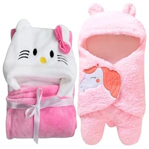 First Kick Baby Blankets New Born Combo Pack of Hooded Wrapper Sleeping Bag and Baby Bath Towel for 0-6 Months Baby Boys and Baby Girls Pack of 2