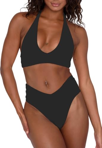 Women's Sexy High Leg Triangle Halter Bikini Set Padded Cup Bikini Cheeky Swimsuit V Cut Thong Bathing Suit2
