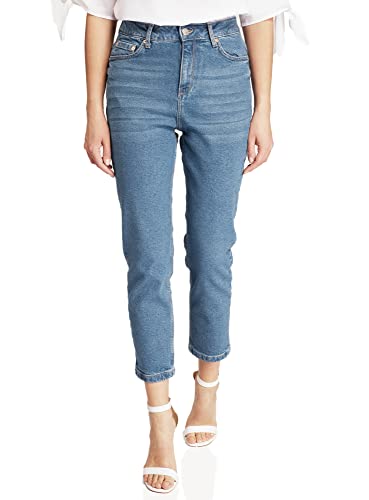 oodji Ultra Femme Jean Mom Fit en Denim Extensible, Bleu, 27W / 32L