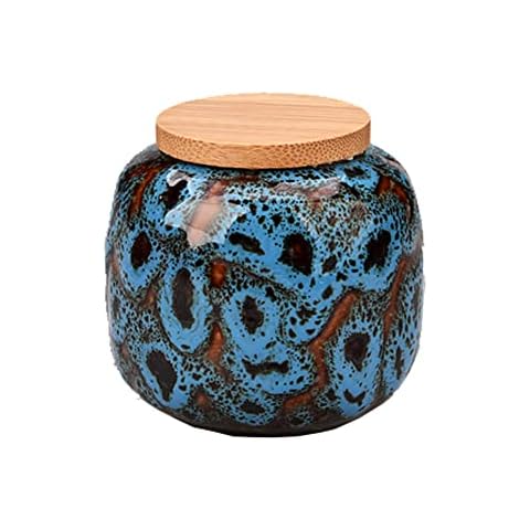 OWLONLINE Mini Portable Tea Jar Kiln Transformation Glaze Porcelain Tea Jar Candy/Honey/Coffee/Kitchen Spice Storage- Capacity 100 ML, Blue Cover