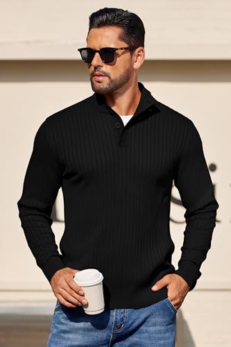 COOFANDY Mens Quarter Button Sweater Long Sleeve Stand Collar Sweaters Casual Knitted Ribbed Dress Pullover4