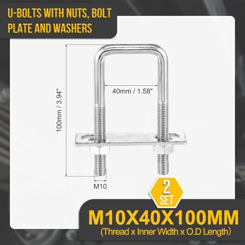 Image of DTGN M10x40x100mm U Bolts Square Kit - 2Set - 304 Stainless Steel U-Bolt Kit with Nuts, Washers, Frame Plate - Good for Pipe, Trailer, Automotive, Leaf Spring Fastener