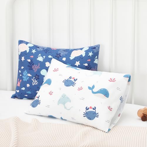 Image of TILLYOU Toddler Pillowcase 2 Pack with Envelope Closure,13 inch x 18 inch Silky Soft Microfiber Travel Kids Pillowcase for Boys and Girls, Beach Time Turtle&Manta Ray