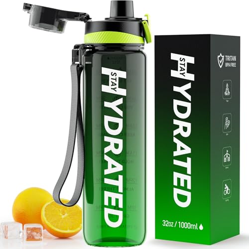 Mevoly Water Bottle, 32oz Sports Motivational Water Bottle, 1L Tritan Water Bottle with Time Markings to Drink & Strap, BPA Free, Wide Mouth, LeakProof for Women Men Gym Fitness Outdoor (1 Bottle)