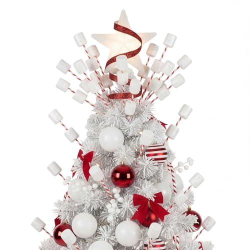 Suncalla 12 Pcs 13 Inch Marshmallow Christmas Tree Picks Decoration Red and White Glitter Marshmallow Candy Christmas Tree Picks Topper Ornaments for Xmas Holiday Vase Filler Craft Wreath Home