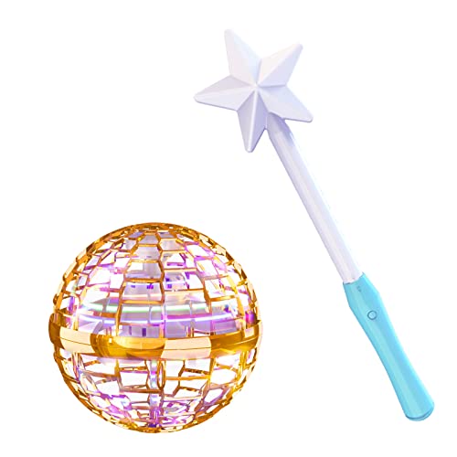 ATHLERIA Gold Flying Orb Ball with Wand,Hand Controlled Mini Drone Helicopter Hover Boomerang with 360° Rotating and RGB Lights - Cosmic Globe Spinning Interactive Toys Indoor Outdoor