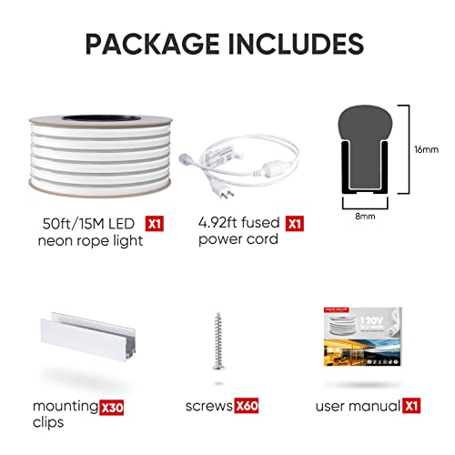 Shine Decor 50Ft Led Neon Rope Lights Outdoor Waterproof, Ac 110V 120V Flexible Neon Led Strip Lights(Warm White), Etl Plug&Play 15M Neon Lights String 120 Leds/M For Home Garden Commercial Lighting #TOP5