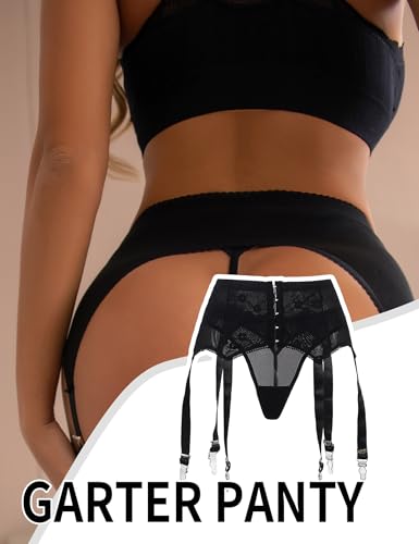 Image of ohyeah Plus Size High Waist Garter Belt Set Lace Mesh Suspender Belt with 6 Vintage Metal Clip for Stockings