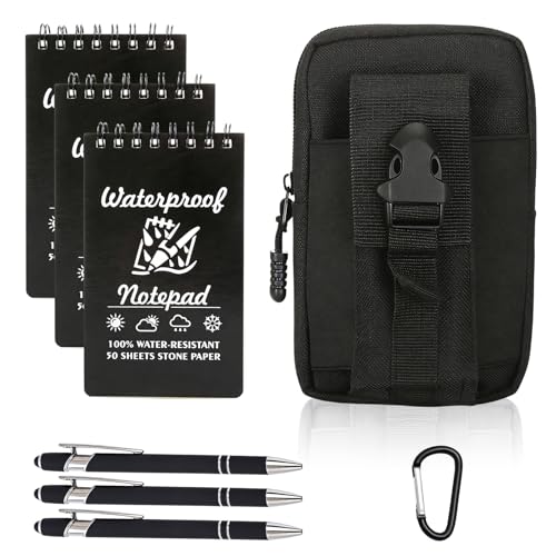 SIMDAO 8-teiliges wasserdichtes Notizbuch-Set, 7,6 x 12,7 cm, kleines Notizbuch und Stift, multifunktionale Taille mit Karabinerhaken, taktische Steno-Pads für Outdoor-Camping-Aufnahmen (schwarz)
