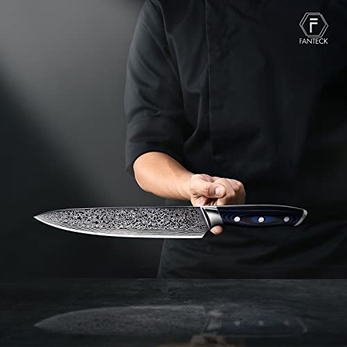 Image of FANTECK 8-inch Professional Damascus Chef Knife with High Carbon 67 Layers VG-10 Damascus Stainless Steel, Ergonomic Blue G10 Handle