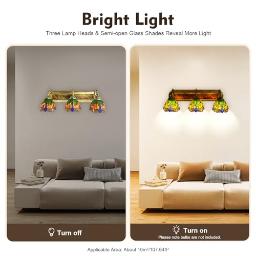 Image of Wall Sconce Vintage Bedside Wall Mount Lamp 3-Light Dragonfly Stained Glass Shade Wall Light for Bedroom Hallway Stairway Balcony