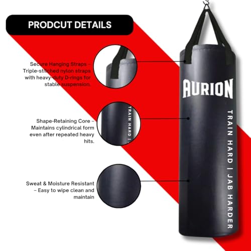 Image of Aurion 4ft Unfilled Heavy Punching Bag | Premium PU Leather Boxing Bag for Home Gym & MMA | Durable Triple-Stitched Nylon Straps for Muay Thai, Kickboxing & Martial Arts Training (Black)
