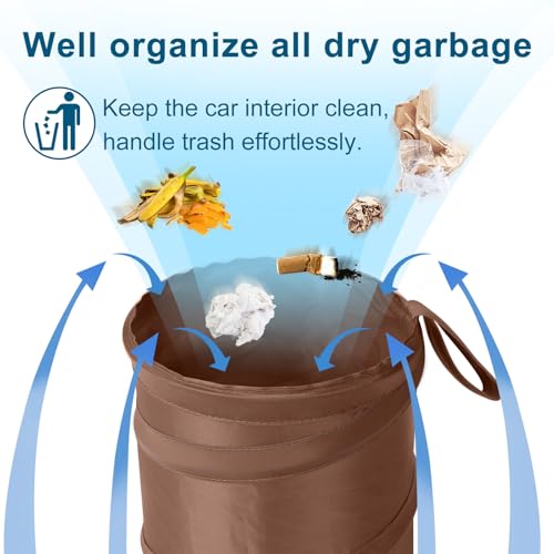 Image of Car Trash Can, 2 Packs Mini Car Garbage Can, Collapsible Trash Bin | Pop-Up Trash Can for Car Front Back Seat, Portable Car Trash Bag Hanging for Vehicle SUV Rv Truck Accessories Interior, Brown