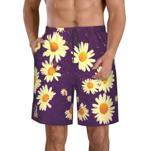 Daisy Purple Flowers Print Mens Casual Shorts Drawstring Summer Beach Stretch Shorts Novelty Swimtrunks
