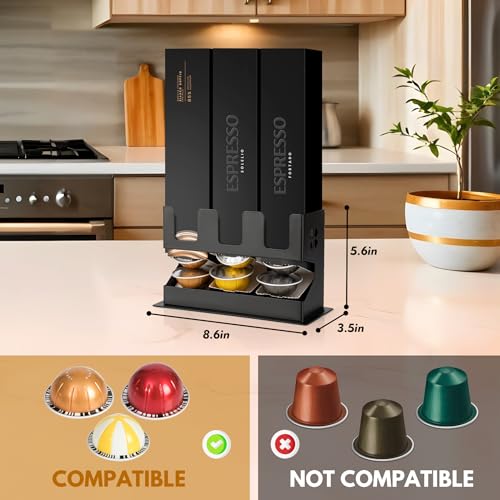 Image of RECAPS Coffee Pod Storage Holder Compatible with Nespresso Vertuo(3 Box) | Countertop Organizer Stand with Non-Slip Steel Base, Pod Dispenser,Dispenses 3 Coffee Flavors (30 Vertuo Capsules)