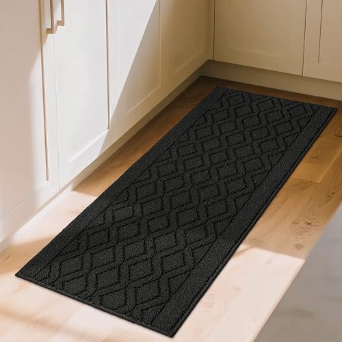 COSY HOMEER-Kitchen-Rugs-and-Mats 20"x48" Non Slip Kitchen Mats for Floor Absorbent Washable Kitchen Runner Standing Floor Mat for Sink Mat,Entry,Laundry,Polypropylene,Black Black 20" x 48"