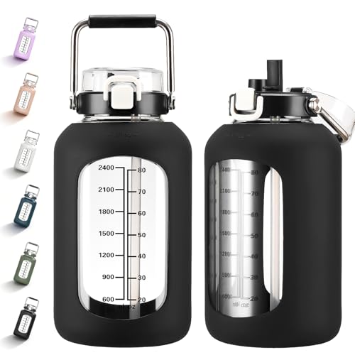 MUKOKO 100oz Glass Water Bottle with Time Marker and Silicone Sleeve 3L Large Water Jug with Stainless Steel Handle Gallon Drinking Bottle with 2-in-1 Lid Wide Mouth BPA Free, Black