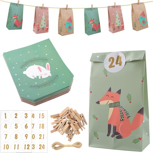 DXiongW 24 Stück Adventskalender zum Befüllen Tüten DIY Geschenktüten 21x17 cm Adventskalender Kraftpapiertüten mit Zahlenaufkleber und Klammern Adventstüten zum Basteln für Kinder Weihnachtskalender