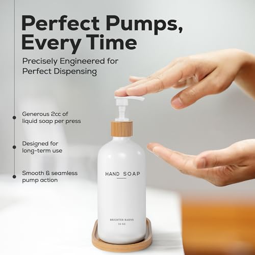 White Glass Hand Soap Dispenser Bathroom Set by Brighter Barns - Liquid Hand Soap Dispenser for Kitchen Sink - Boho Bathroom Pump Bottle Set - Minimalist Home Decor for Vacation Rental, Gifts (White) by Brighter Barns - Used condition - Image 3