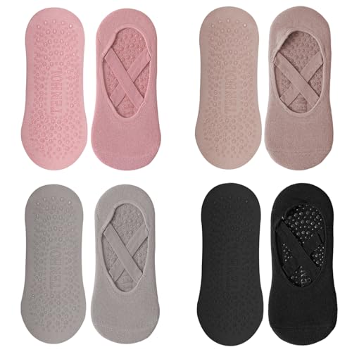 mtuihfo 4 PCS Yoga Chaussettes Antidérapantes Femme, Pilate Chaussettes Coton Respirant Avec Poignées Sangles Antidérapantes pour Pilates Barre Ballet Danse...