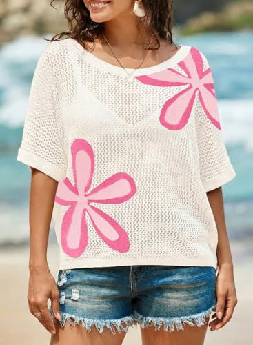 Image of Dokotoo Womens Floral Fashion Summer Tops 2026 Short Sleeve Crochet Sweaters Swimsuit Cover Ups Lightweight Knit Pullover