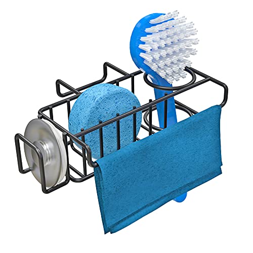 Sponge Holder for Kitchen Sink, Black Sink Caddy Organizer, Dish Brush Holder, Hanging Sponge Caddy, in Sink Dish Scrubber Holder, Over The Sink Sponge Caddy with Hook