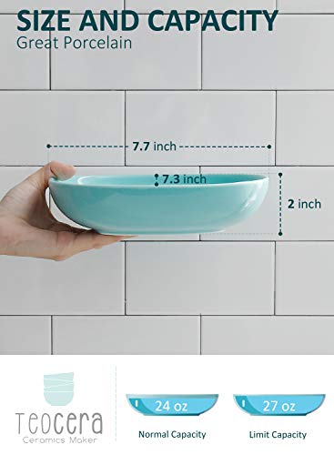 Wide and Shallow Porcelain Salad and Pasta Bowls Set of 6-24 Ounce Microwave and Dishwasher Safe Serving Dishes, Turquoise