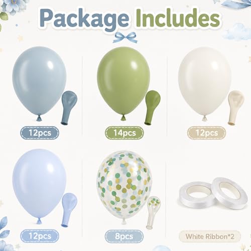 Image of Blue Green Balloons, 60 Pcs 12 Inch Dusty Blue Sage Green Ivory White Pastel Blue Balloons with Gold Confetti for Baby Shower Birthday Party Decorations