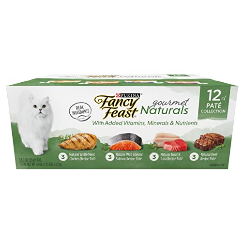 Purina Fancy Feast Grain Free Wet Cat Food Pate Variety Pack Gourmet Naturals–Beef, Chicken, Salmon, Trout and Tuna - (2 Packs of 12) 3 oz. Cans