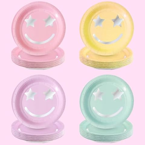 LOHO WONDERZ Happy Face Paper Plates - 24 pk, 9" | Pastel Preppy Party Birthday Plates, Cute Cake Plates, Birthday Party Supplies, Cool Bachelorette Decorations Cover