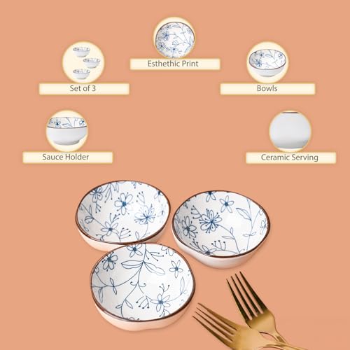Image of MARKET 99 Ceramic White Katori Bowl Set of 3 (100ml) | Small Chutney & Dip Bowls for Sauces, Pickles & Condiments | Mini Serving Bowls Set for Dining Table | Dessert & Snack Bowls