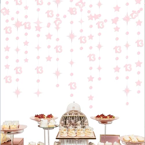 Image of Glitter Pink 13th Birthday Decorations Number 13 Circle Dot Twinkle Star Garland Hanging Streamer Banner Backdrop Girls 13 Year Old Birthday Thirteen Official Teenager 13th Anniversary Party Supplies