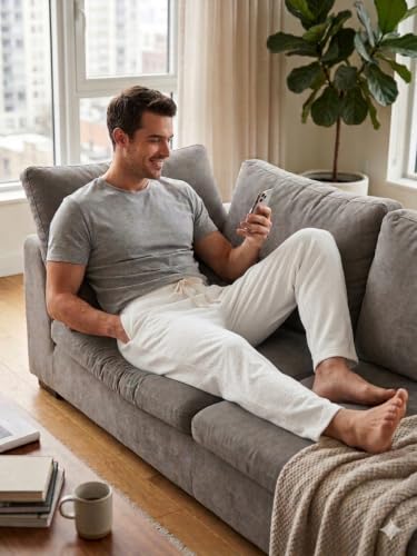 Image of White Khadi Cotton Men's Pajama Pants Size 32 | Elastic Waistband, Drawstring Closure, Relaxed Straight-Leg Fit, Side Pockets, Handspun Texture