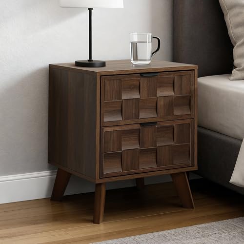 Hometopia Nachttisch Holz mit 2 Schubladen Moderner Nachtschrank mit Geflochtener Holzstruktur und Kiefernholzbeinen Nightstand Bedside Table für Schlafzimmer Walnuss-Optik 47×40×57 cm