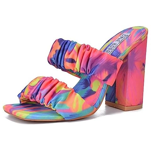 Cape Robbin RIE Del Chunky High Heels for Women, Strappy Shoes with Square Open Toe - Floral Size 9 Multi Cover