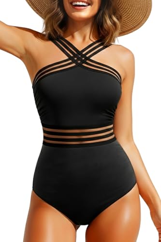 Tempt Me Women Black Crisscross One Piece Swimsuits Mesh Tummy