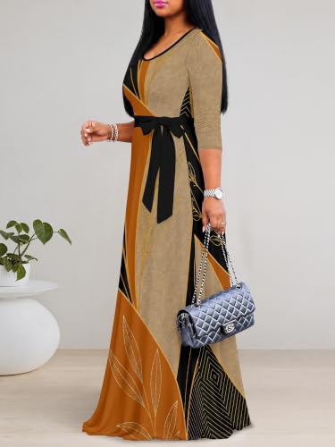Image of Women's V Neck Floral Maxi Dress 3 /4 Sleeve Plus Size Boho Wrap Flowy Long Dresses with Belt