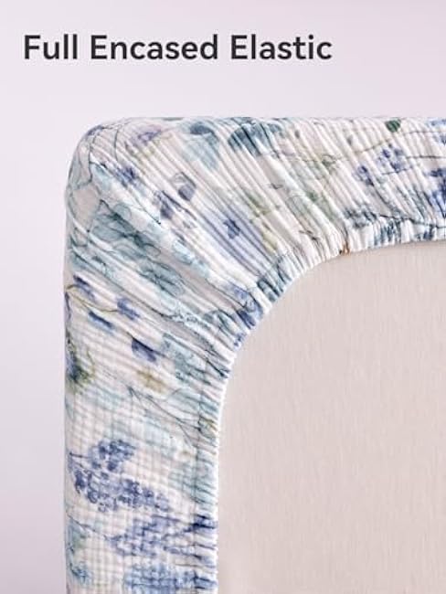TILLYOU Muslin Mini Crib Sheets 2 Pack, Pack and Play Mattress Sheets Fitted for Pack N Play, 38'' x 26'' Sheet for Toddler, Blue Flower