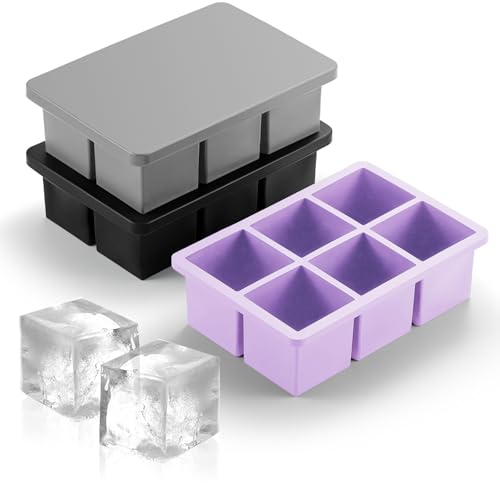 Image of Nax Caki 3 Pack Silicone Large Ice Cube Tray with Lid, Stackable Big Silicone Square Ice Cube Mold for Whiskey Cocktails Bourbon Soups Frozen Treats, BPA Free-3 Color