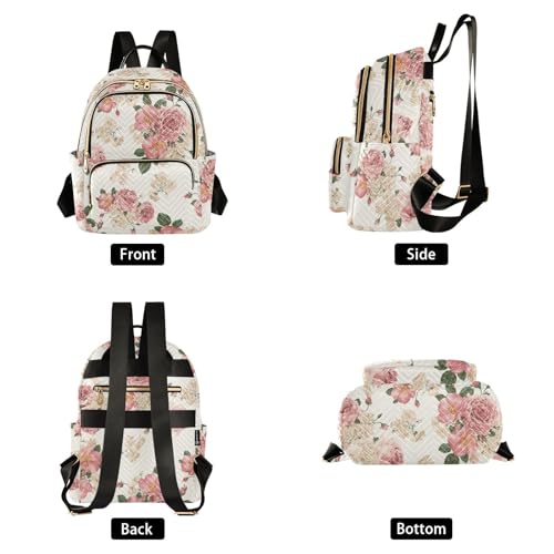 Image of Women Fashion Backpack Purse Roses Vintage Floral Rucksack, M | Casual Lightweight Quilted Daypack Ladies Bag for College Travel Work