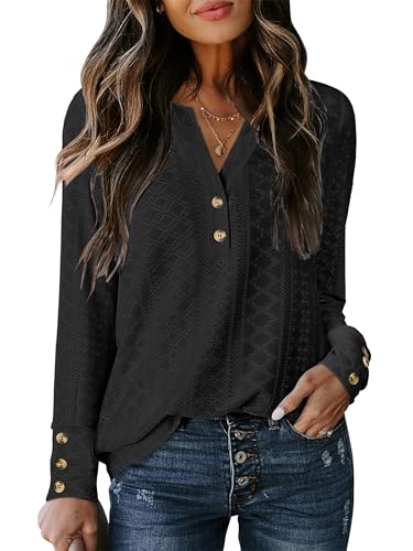 ANRABESS Womens Eyelet Tops Long Sleeve Henley Shirts Business Dressy Casual Blouse Vacation T-Shirt 2025 Fall Outfits