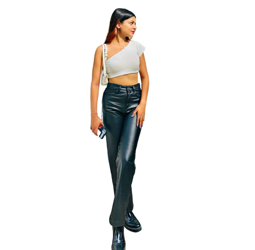 Casual Low Rise Trousers For Women, Regular Fit Faux Leather Black Solid Casual Trousers, Size- XL (6781) Gifts For Women