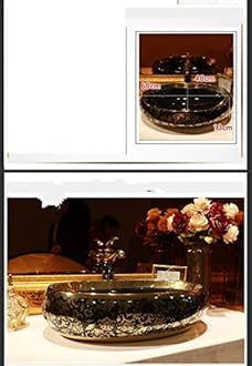 B BACKLINE Ceramic Oval Shape Table Top Vessel Sink Over Counter Wash Basin (24 X 16 X 6 Inch, Black Gold)