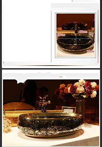 B BACKLINE Ceramic Oval Shape Table Top Vessel Sink Over Counter Wash Basin (24 X 16 X 6 Inch, Black Gold)