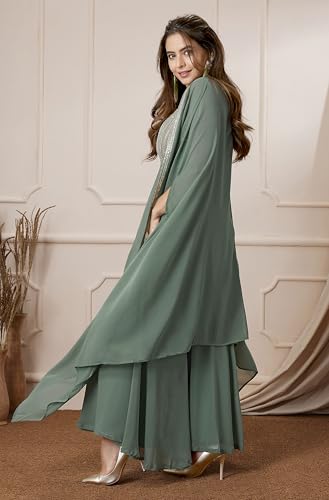 Image of Janasya Womens Crop Top with Sharara & Cape Set