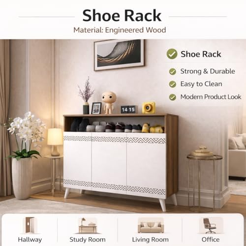 Image of Spyder Craft Engineered Wood Shoe Rack with Door Multi-Layer Storage Organizer Shelf Free Standing Stand Entryway Rack Cabinets (Wood Brown & White /120 x 96 x 35 cm), DIY(Do-It-Yourself) (SL1)