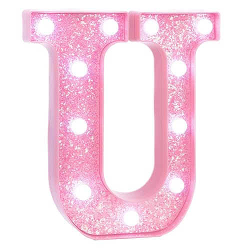 Image of Pink Marquee Light Up Letters, Glitter Alphabet LED Letter Lights for Pink Birthday Party Decorations, Battery Operated Letter Sign for Girls Room Vanity Table Decor, Cool White Lights Letter U