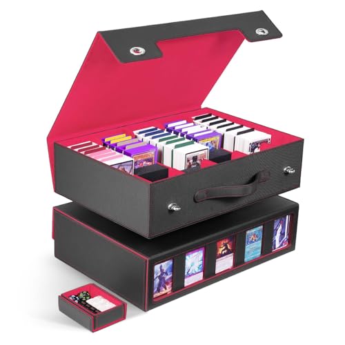 Image of ZLCA Trading Card Storage Box 5-Row with Handle, MTG Storage Box Holds 3900+ Cards with Commander Display, Top Loaders Organizer Case for TCG PTCG Sport Card(Black&Red)